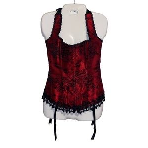 Corset Bustier Womens Large Red Satin Lace Up Sexy Lingerie Boning Pin Up Girl